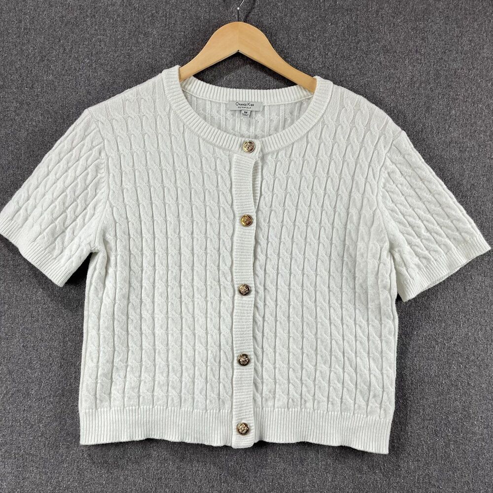 Orange Kiss Essentials Cable Knit Cardigan Gold Button Soft Layering M